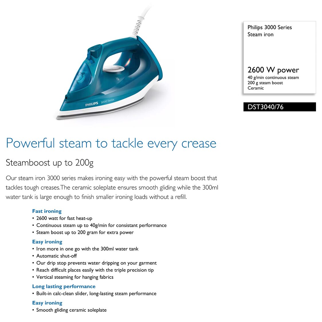 Philips 3000 Series Steam iron with Ceramic Soleplate 2600W (DST3040/76)