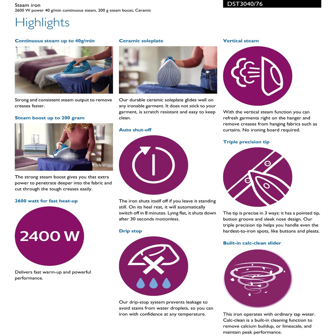 Philips 3000 Series Steam iron with Ceramic Soleplate 2600W (DST3040/76)