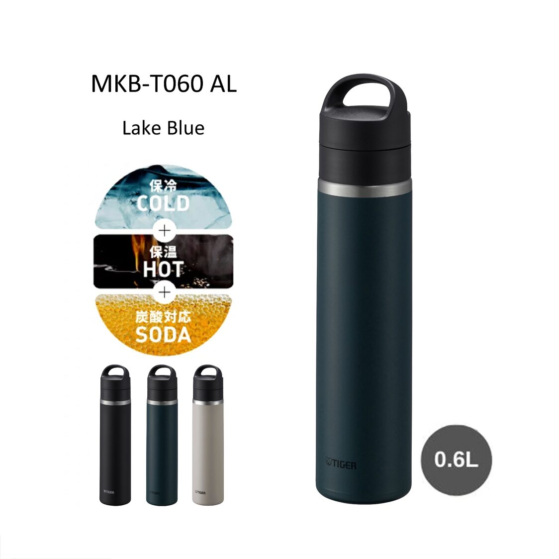 Tiger 600ml Vacuum Insulated Stainless Steel Carbonated Bottle - Lake Blue (MKB-T060 AL)