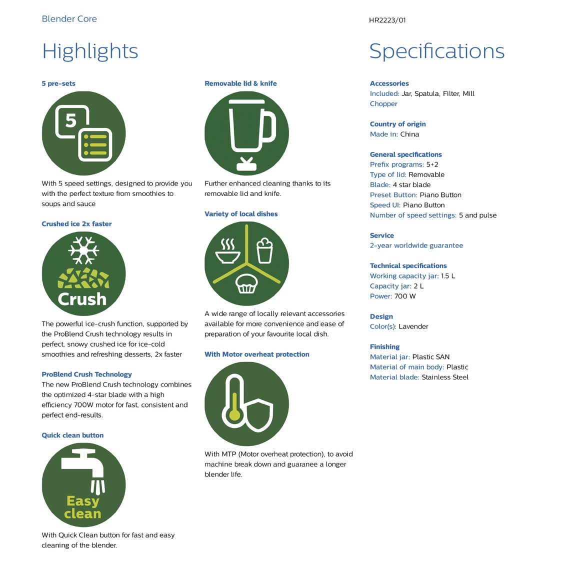 Philips Series 5000 Blender With Dry Mill, Chopper, Filter 700W Plastic Jar (HR2223/01)