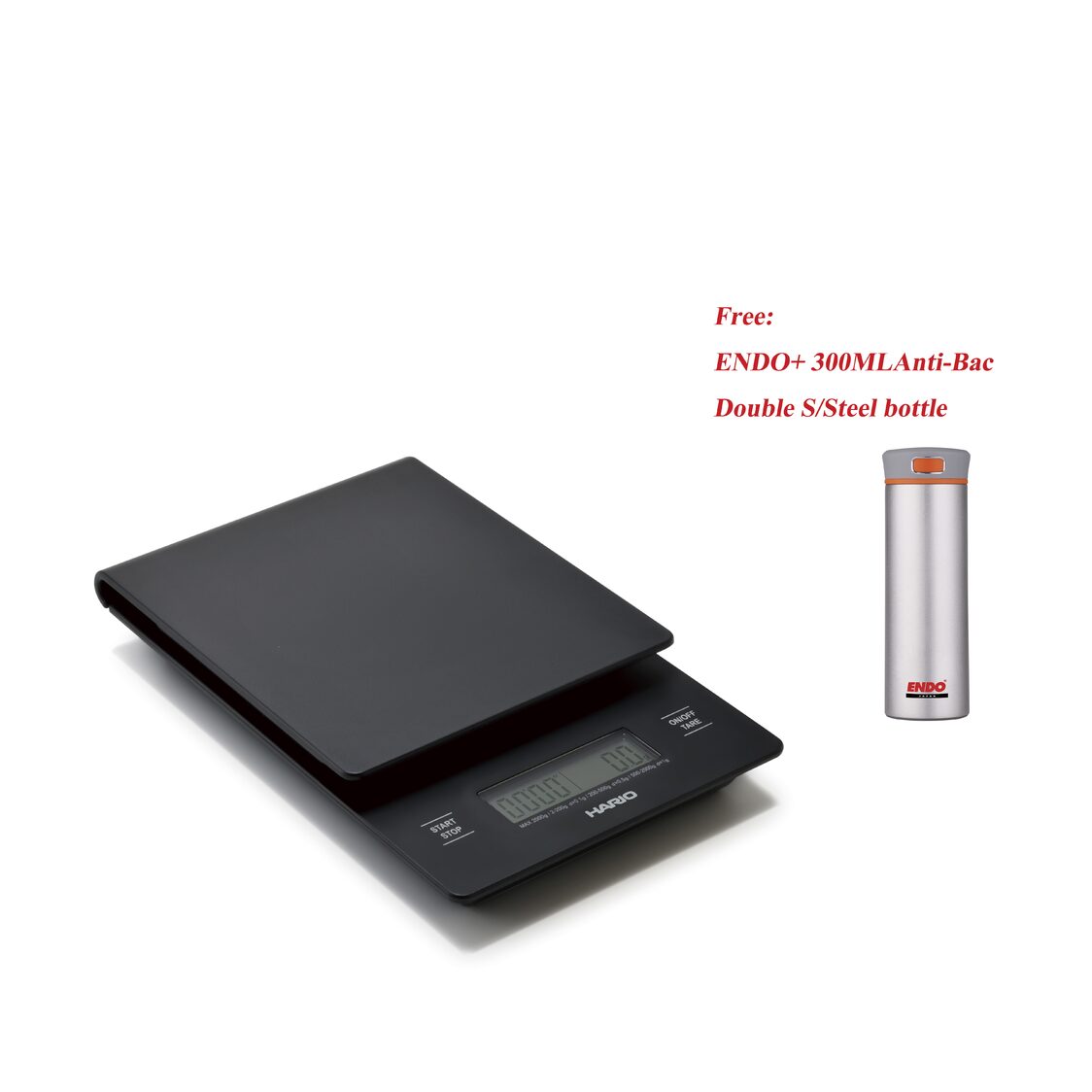 HARIO V60 Drip Coffee Scale With Timer / Free: ENDO+ 300ml Anti-Bac S/Steel Mug (VST-2000B & CX+1001)
