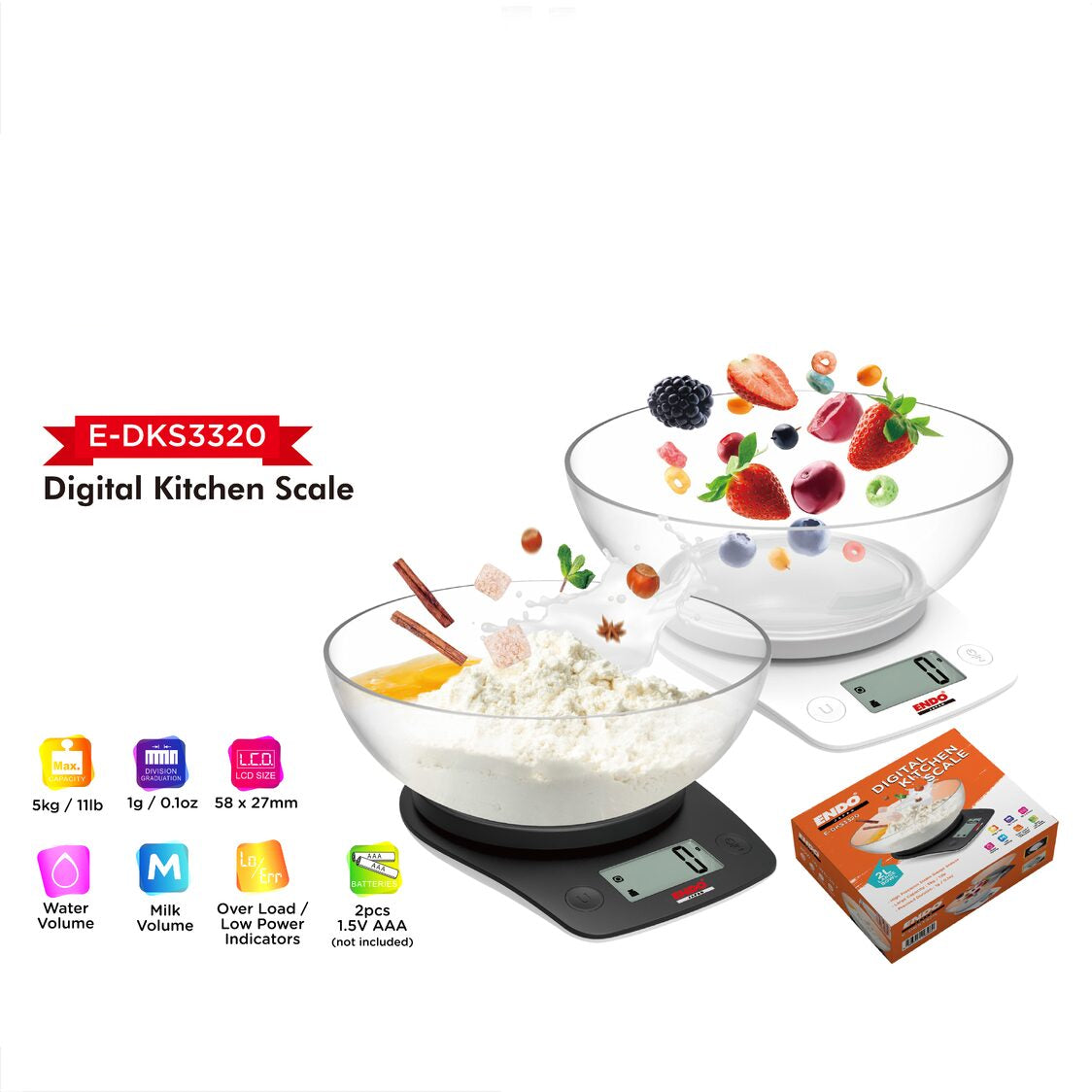 Endo Digital Kitchen Scale With Holder - Black (E-DKS3320)