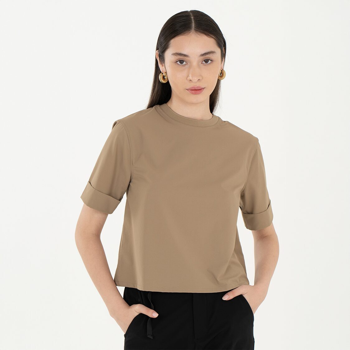 K/Woods Ice Cool Casual Chic Boxy Top in Khaki