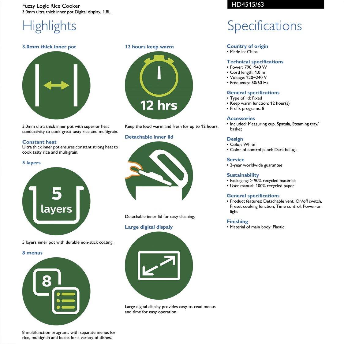 Philips Daily Collection Fuzzy Logic Rice Cooker 1.8L (HD4515/63)