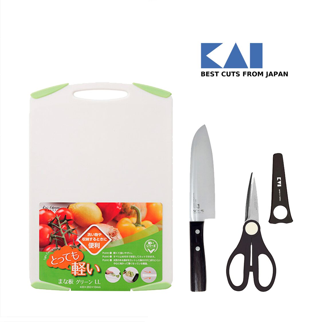 KAI Santoku & Scissors & Cutting Board Set (BE-0403, DH-5095, AP-5305)