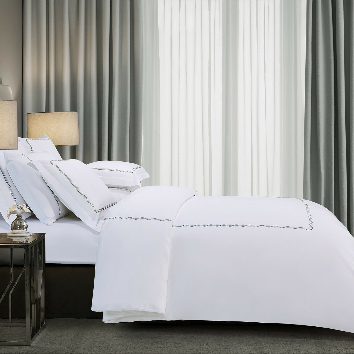 Embroidery Bedset - White with Green Embroidery