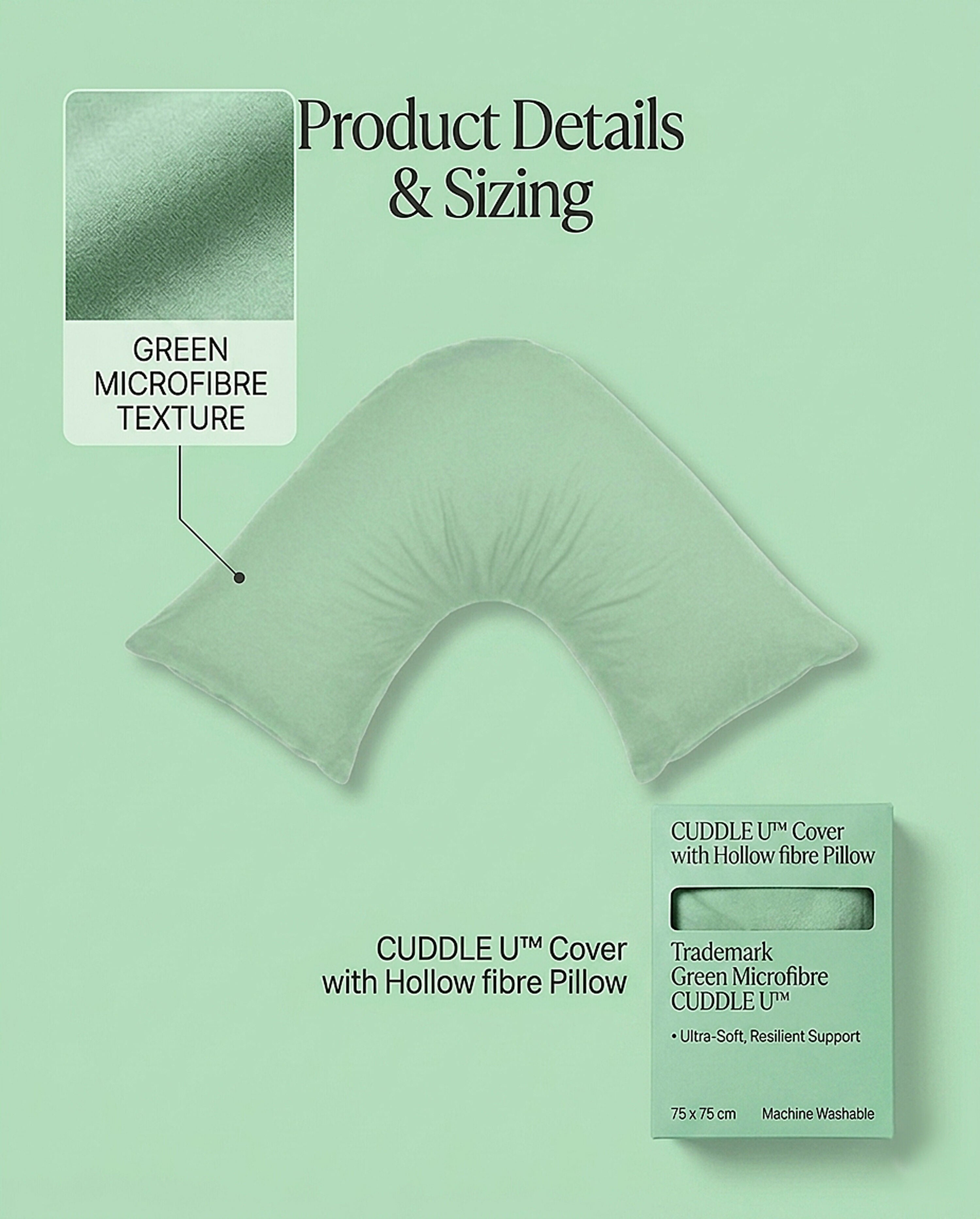 Rapee Cuddle U™ V-Shape Pillow & Microfibre Cover Set – 75 x 75 cm – Green