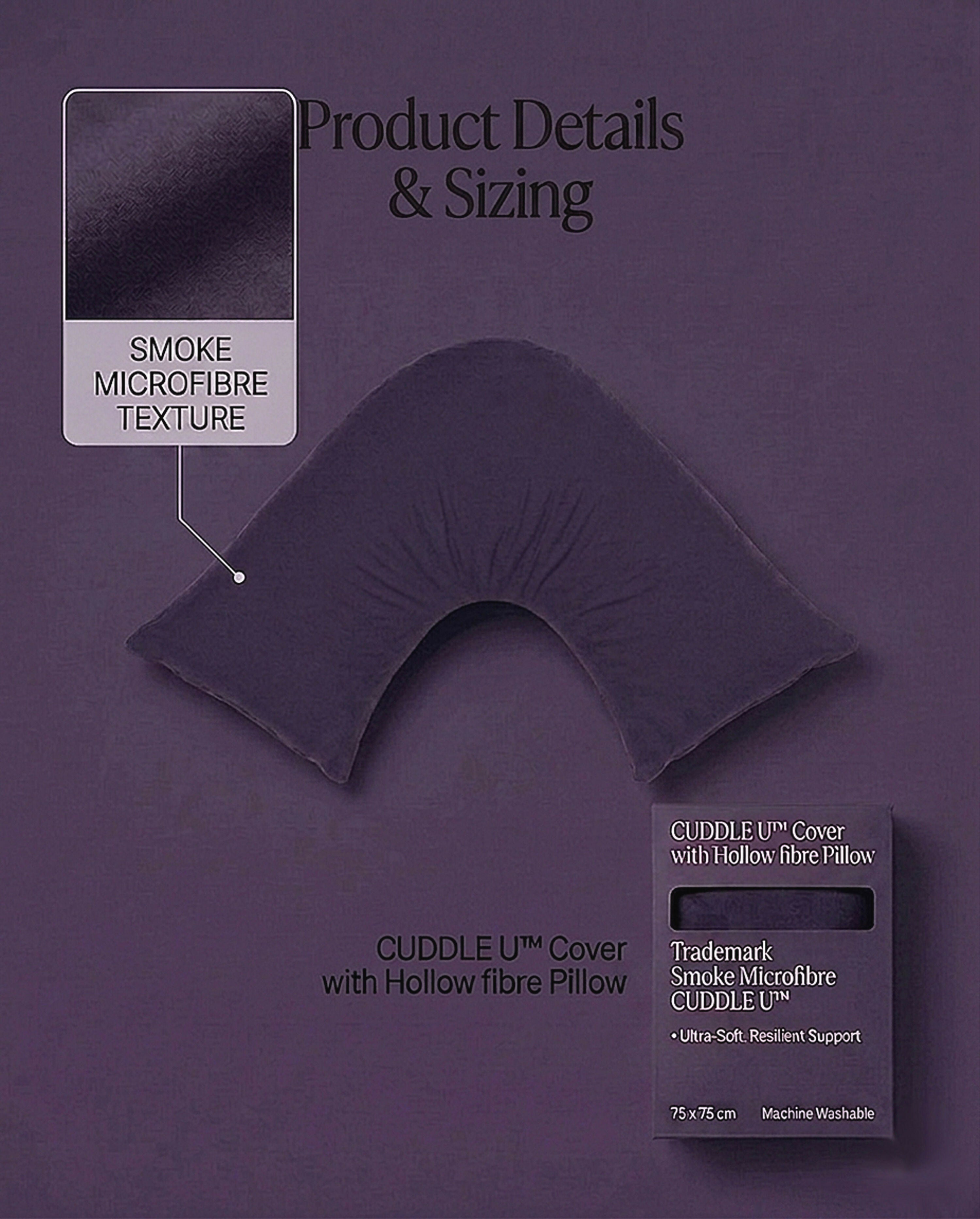 Rapee CUDDLE U™ V-Shape Pillow & Microfibre Cover Set – 75 x 75 cm – Smoke Purple