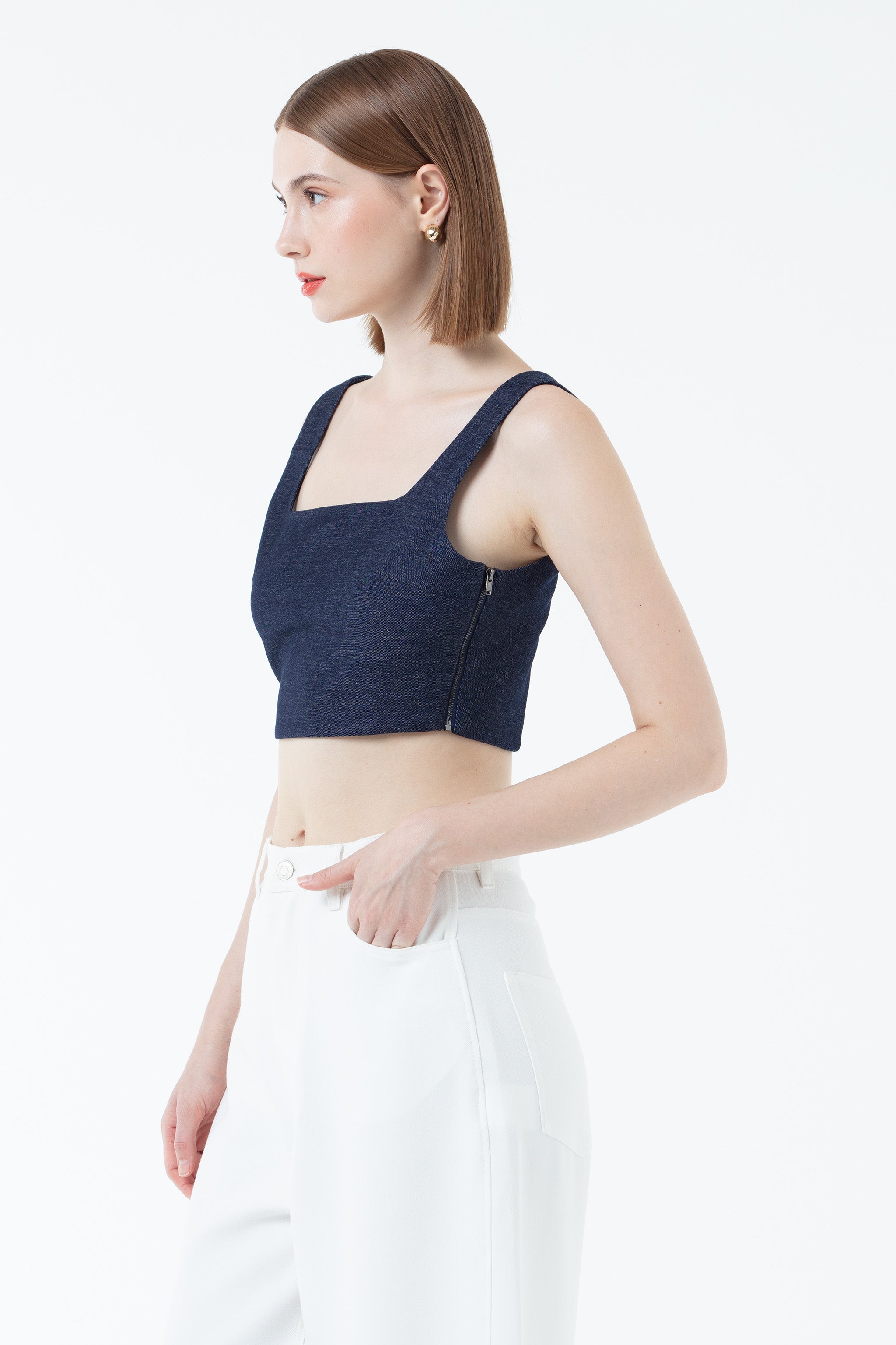 K/Woods Square Neck Cropped Top - Navy