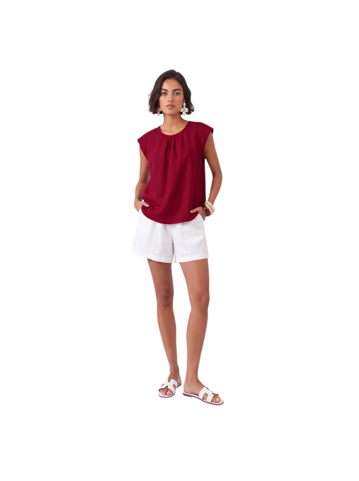 Model wearing a burgundy K/Woods Women's Ember Top with cap sleeves and neck gathers from Metro Singapore Departmental Store - Celebrating 69 Years in SG