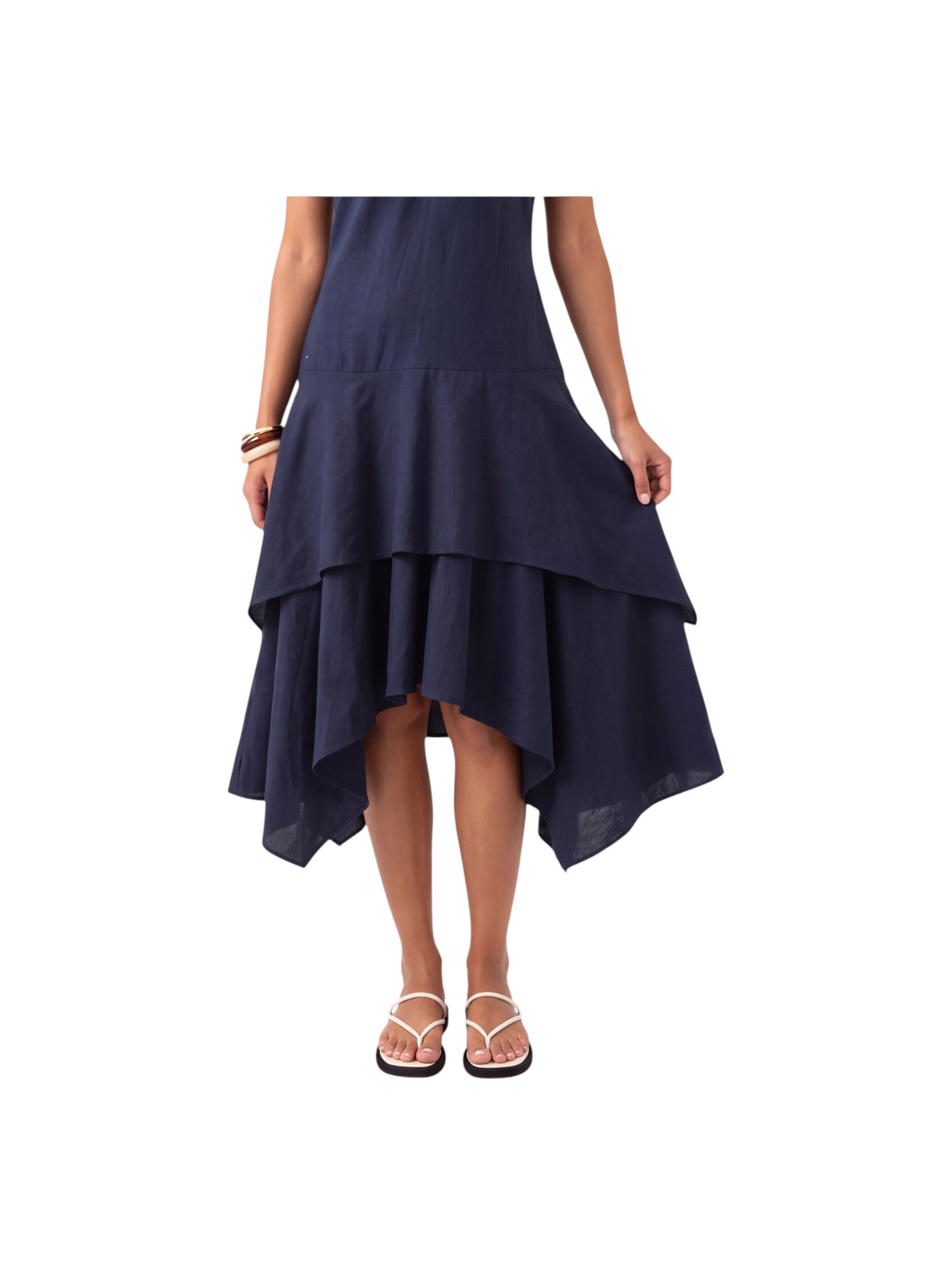 Metro Singapore Departmental Store - Celebrating 69 Years in SG K/Woods navy blue sleeveless handkerchief hem dress
