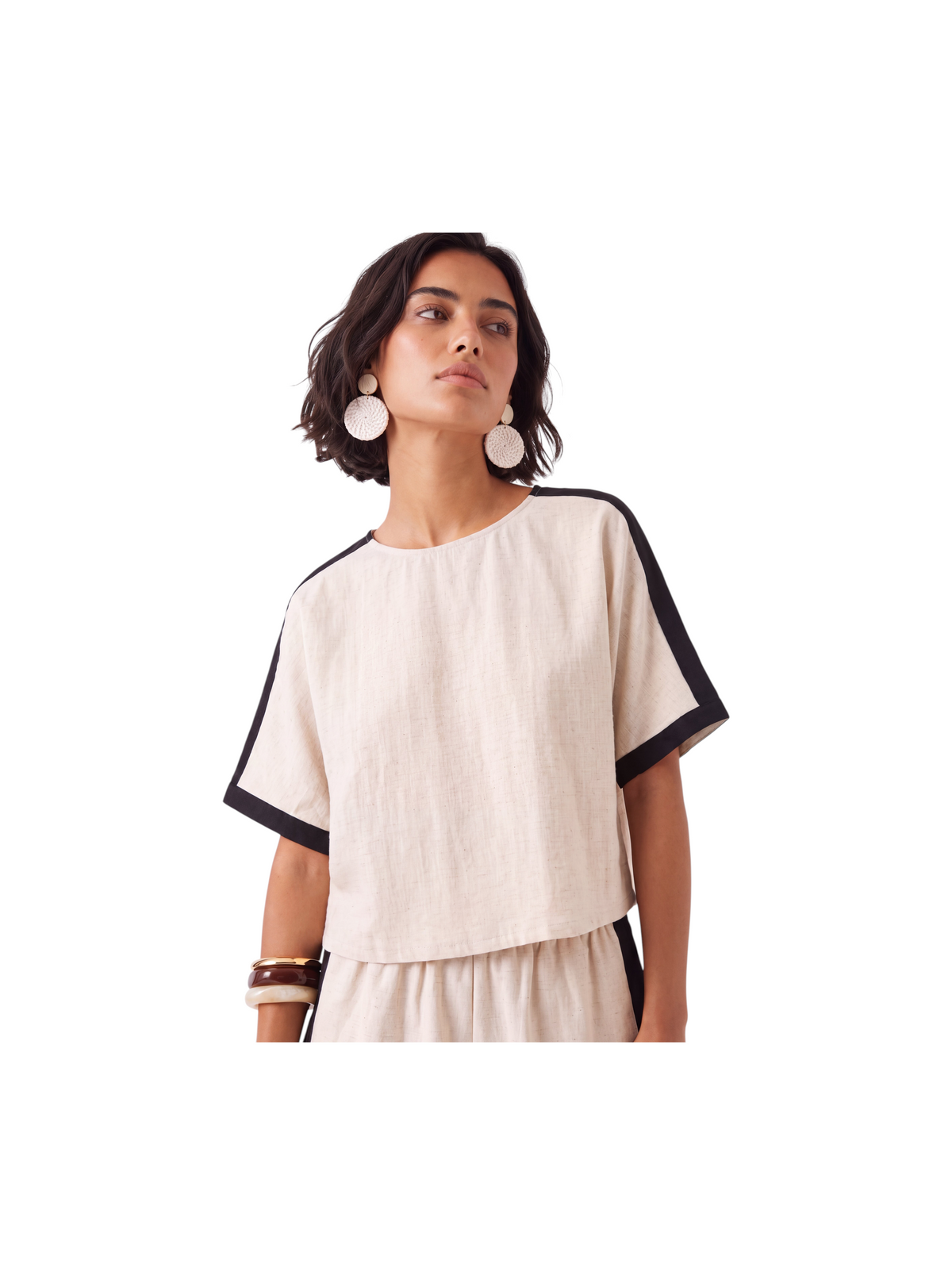 Model wearing Metro Singapore Departmental Store - Celebrating 69 Years in SG K/Woods boatneck top with contrast piping
