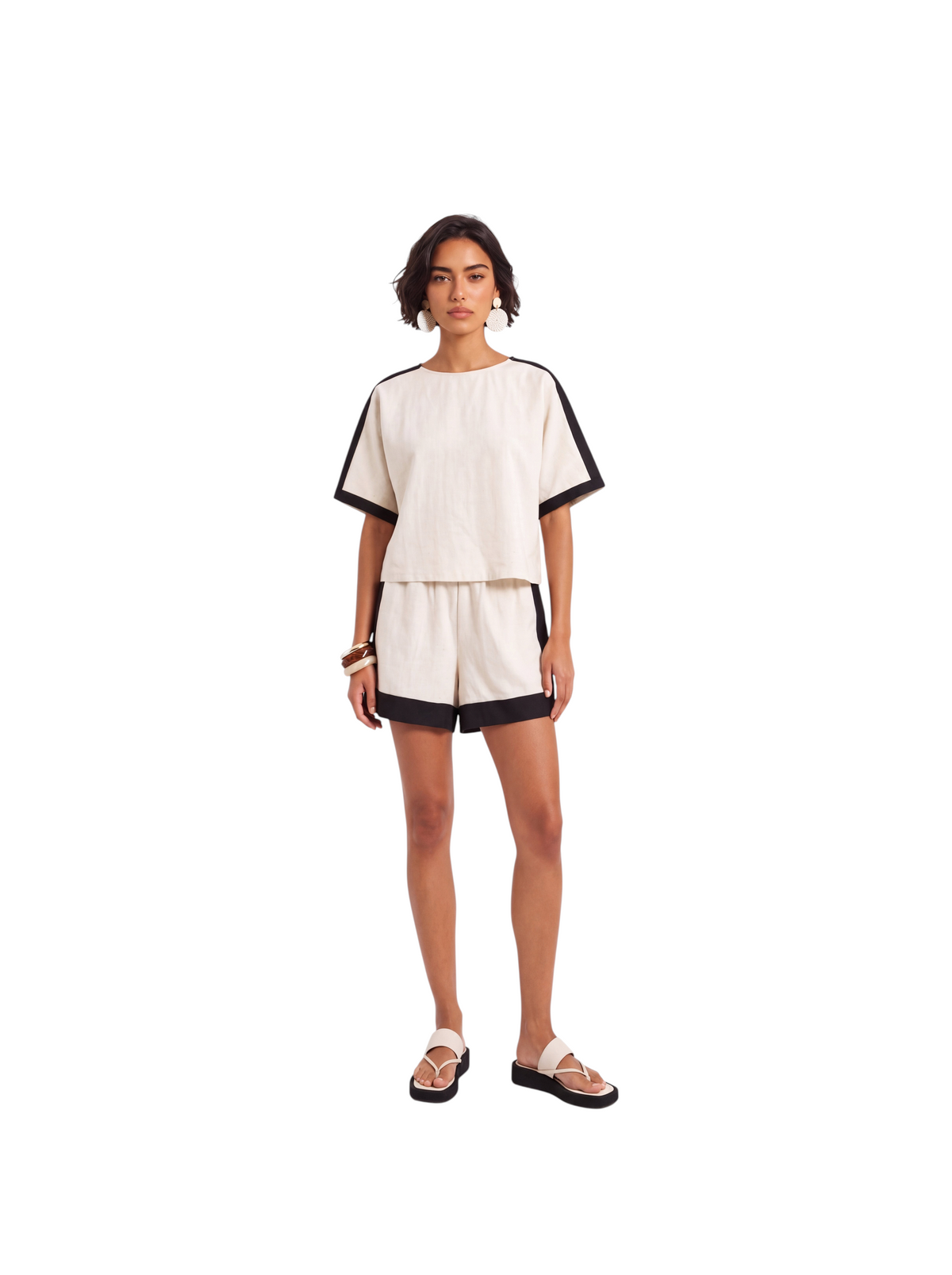 Model wearing Metro Singapore Departmental Store - Celebrating 69 Years in SG K/Woods boatneck top with contrast piping