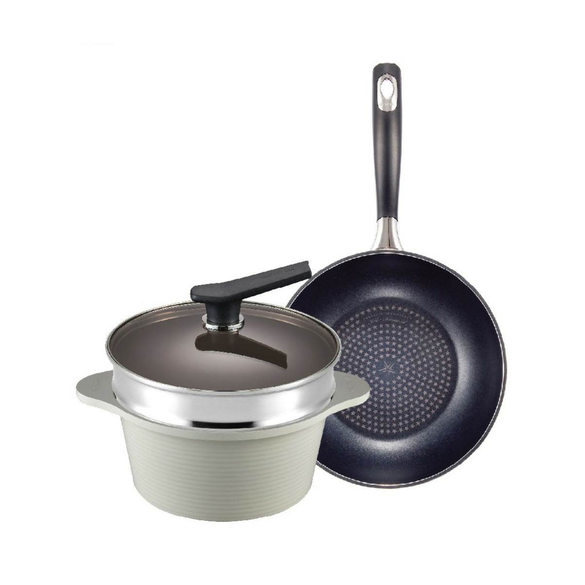 Happycall 24cm Onde IH Die Cast Pot + Diamond Porcelain IH Wokpan + S/Steel Steamer Set (4003-1231 & 4001-0223 & 3800-1002)