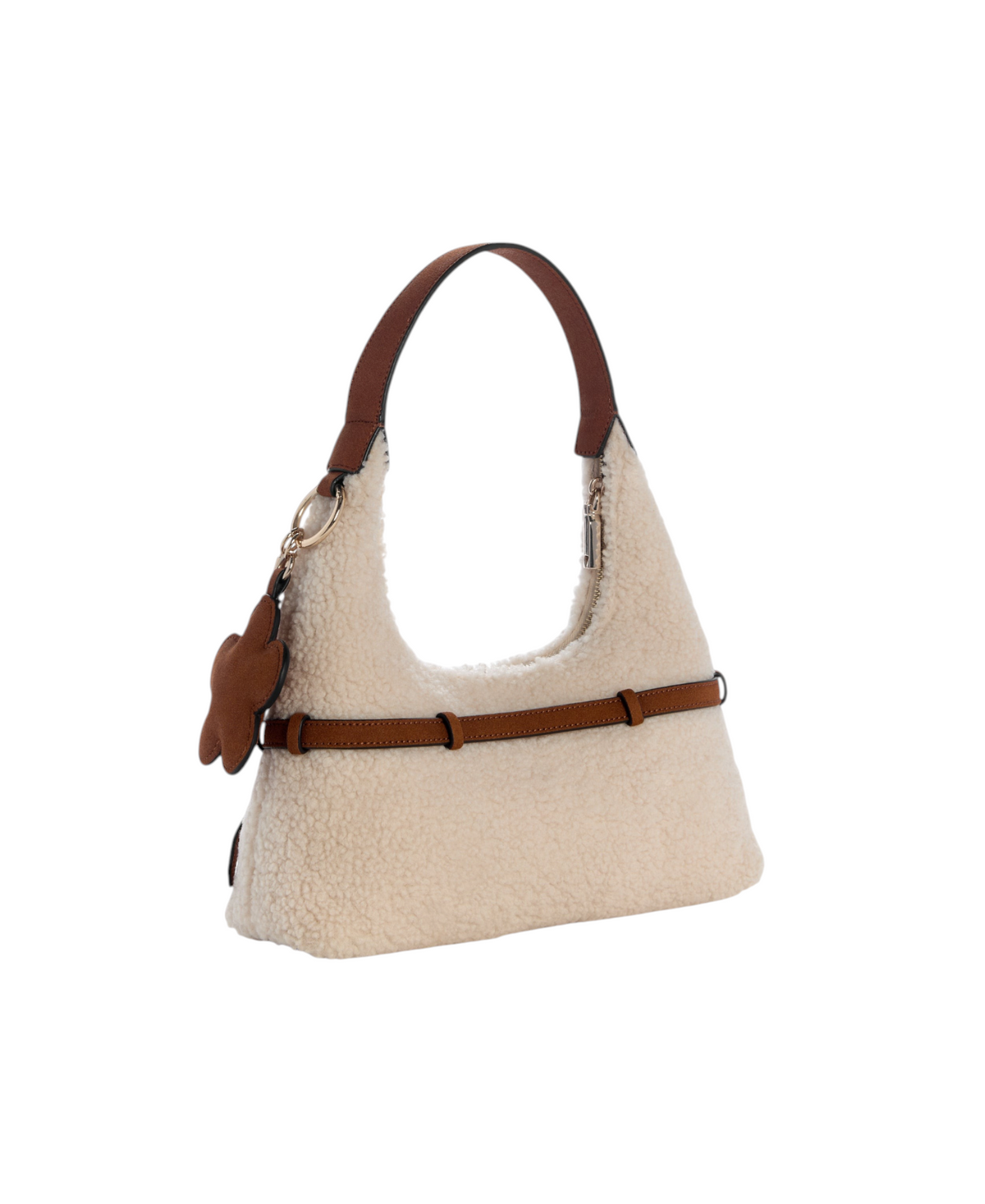 Guess Taylor Mini Hobo bag in cream faux shearling with brown leather trim, available at Metro Singapore Departmental Store - Celebrating 69 Years in SG