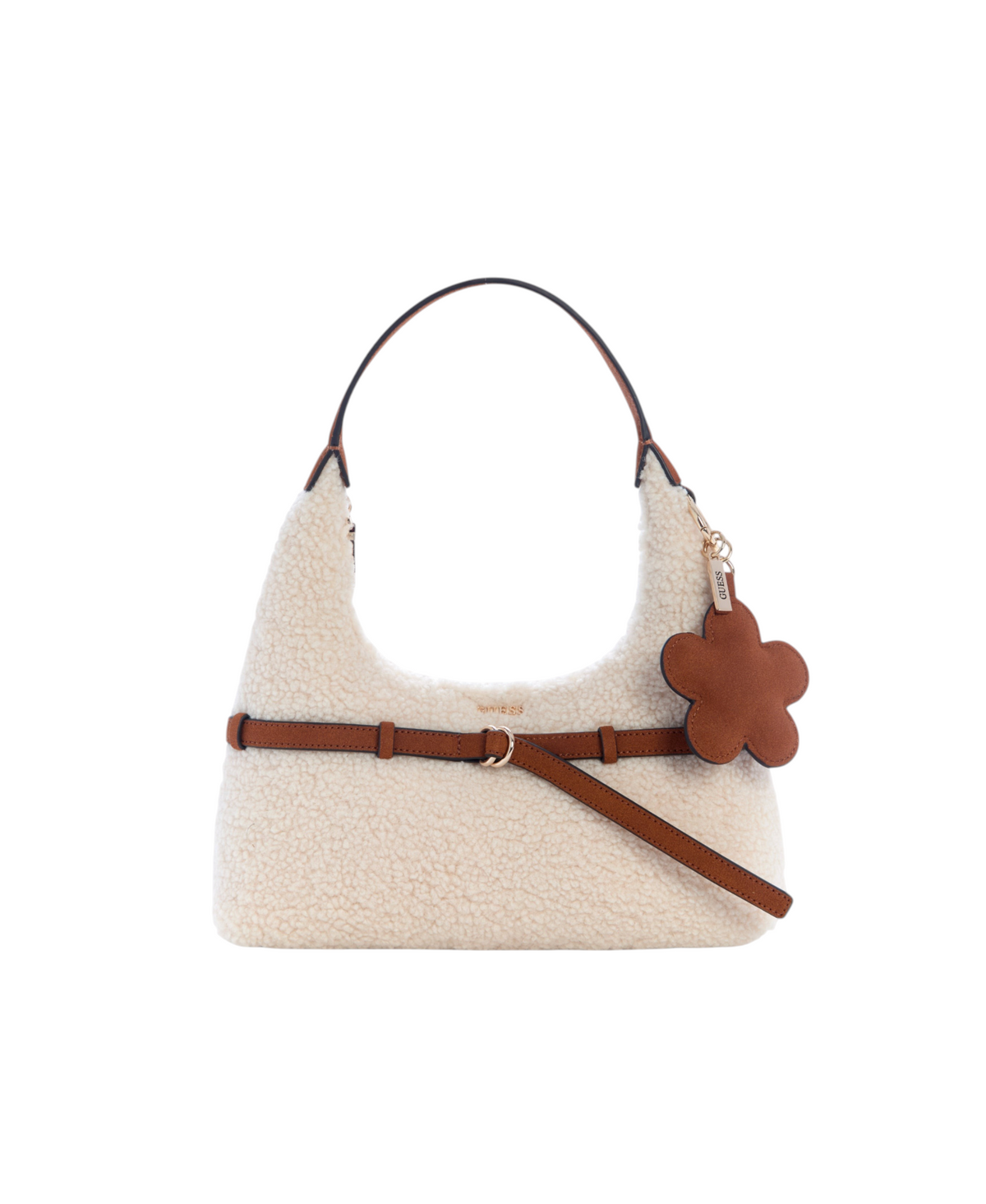 Guess Taylor Mini Hobo bag in cream faux shearling with brown leather trim and a decorative flower charm