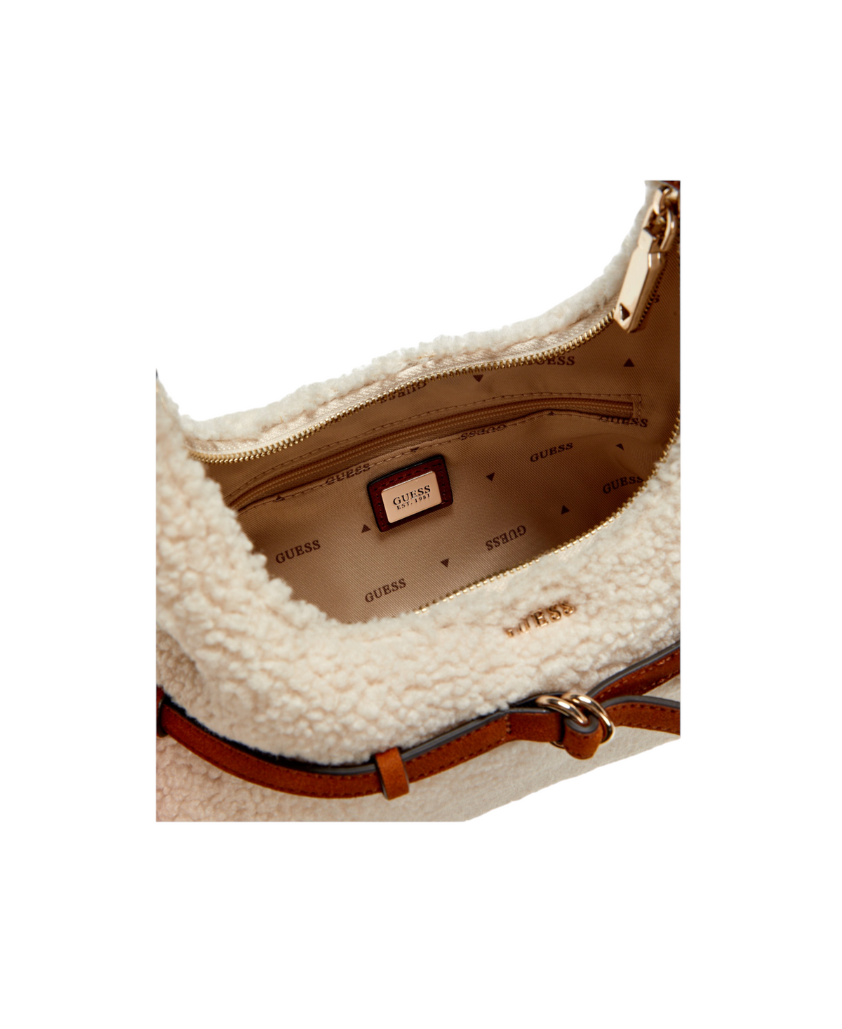Interior view of a cream-colored faux shearling Guess Taylor Mini Hobo bag with brown leather accents at Metro Singapore Departmental Store - Celebrating 69 Years in SG