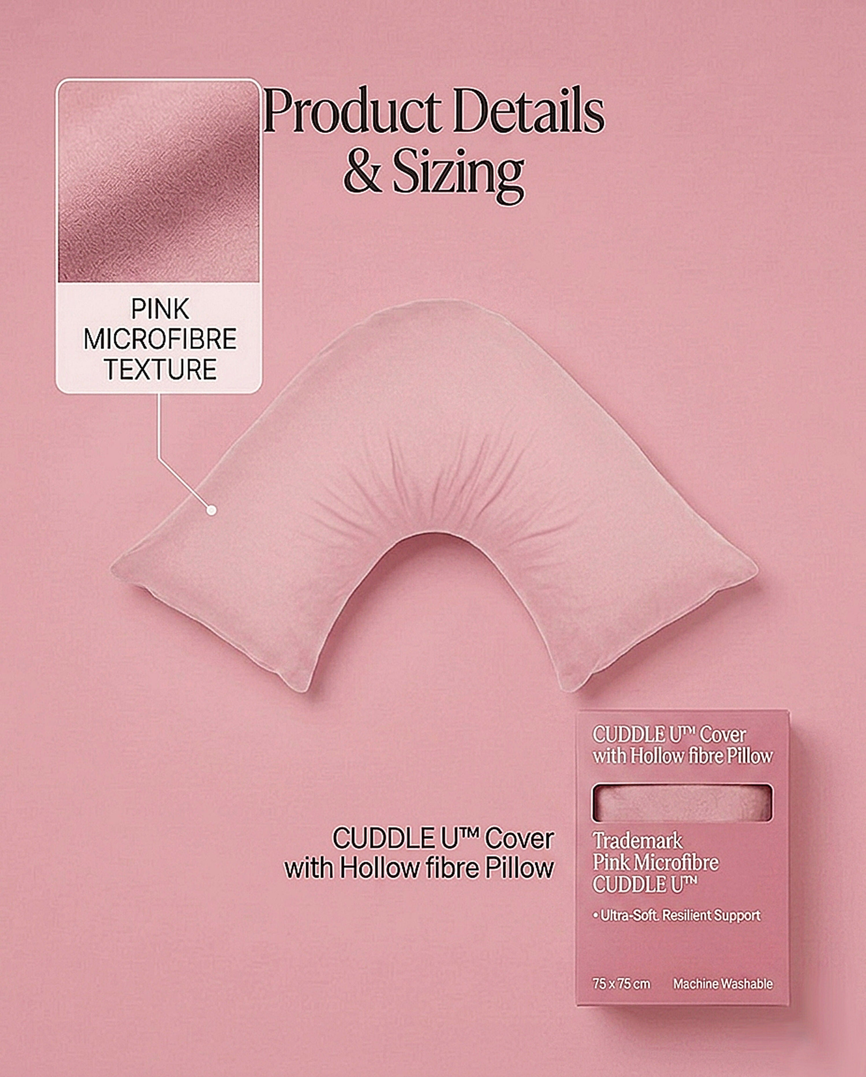 Rapee CUDDLE U™ V-Shape Pillow & Microfibre Cover Set – 75 x 75 cm – Pink