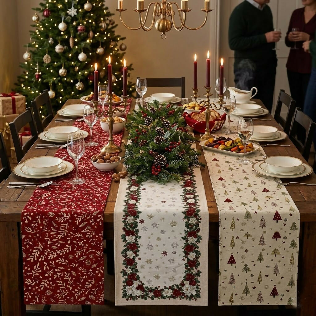 Rapee Joy Hollyberry Woven on Red Chenille Table Runner with Straight Ends – 33 x 180 cm – Red