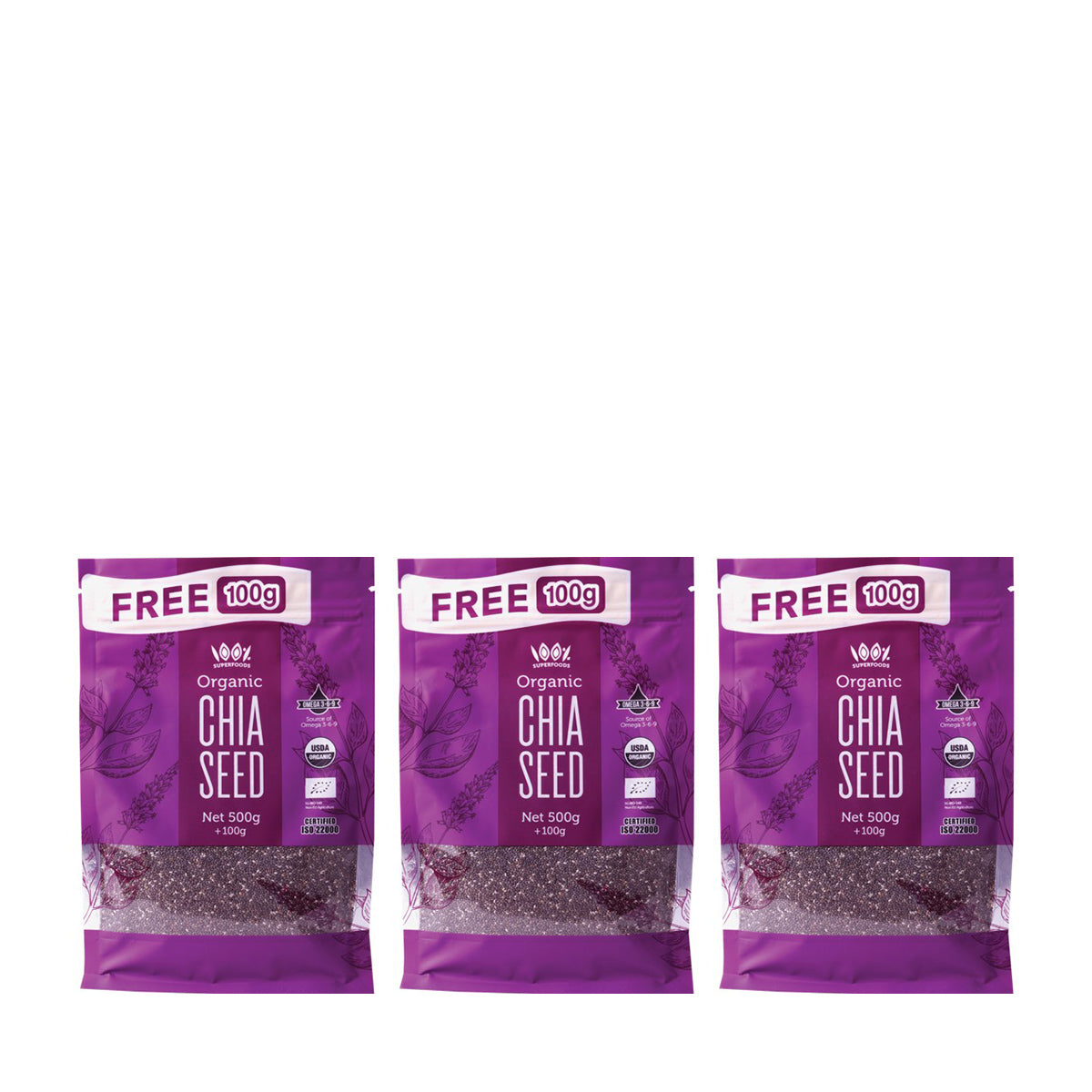 100% Superfoods Organic Chia Seeds 600g (3packs)
