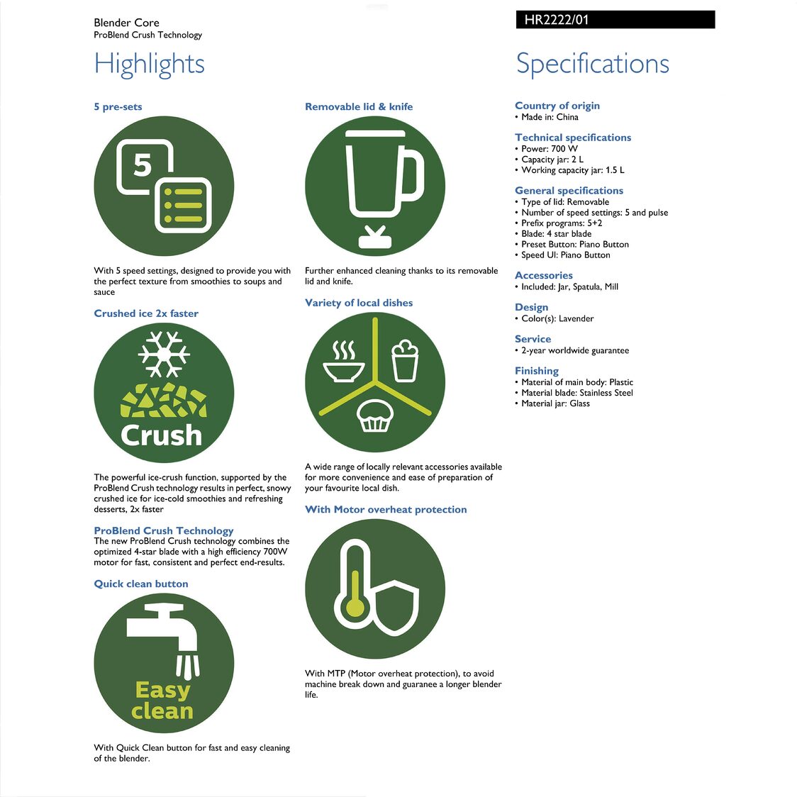 Philips Series 5000 Blender with Dry Mill 700W, Glass Jar (HR2222/01)