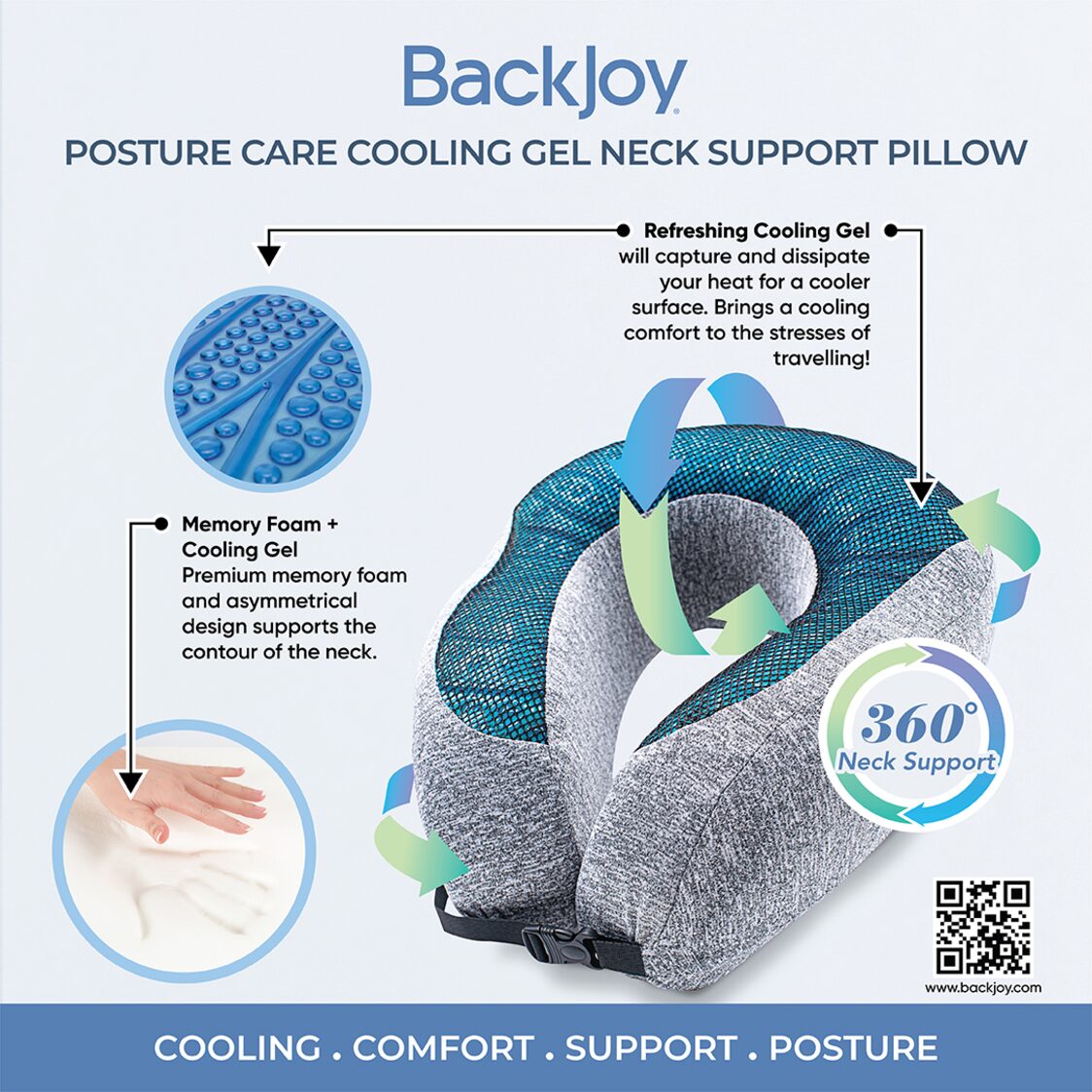 BackJoy Posture Care Neck Support Pillow with Cooling Gel - Deep Sea