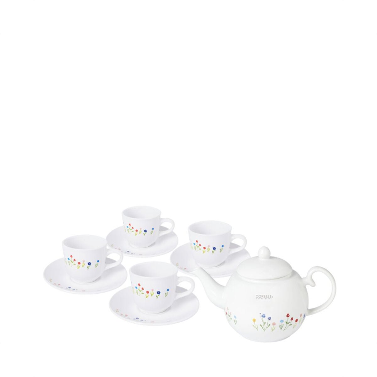 Corelle 4pc Stoneware Cup & Saucer + Teapot (511/506S-4/1TP-FWH) - Metro Singapore Departmental Store - Celebrating 69 Years in SG