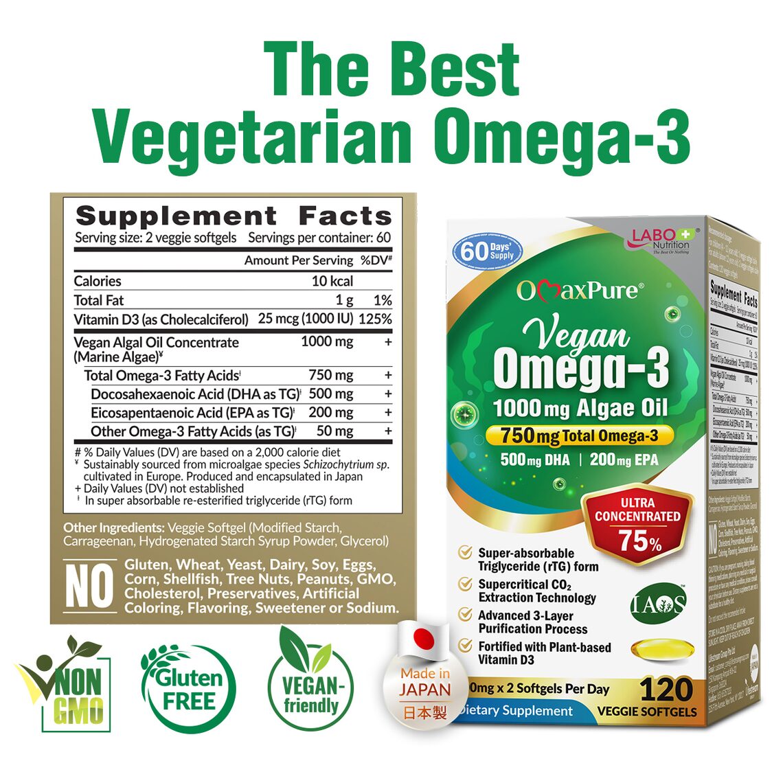 Labo Nutrition Vegan 1000mg Omega-3 Algae Oil 120 Veggie Softgels Twin Pack