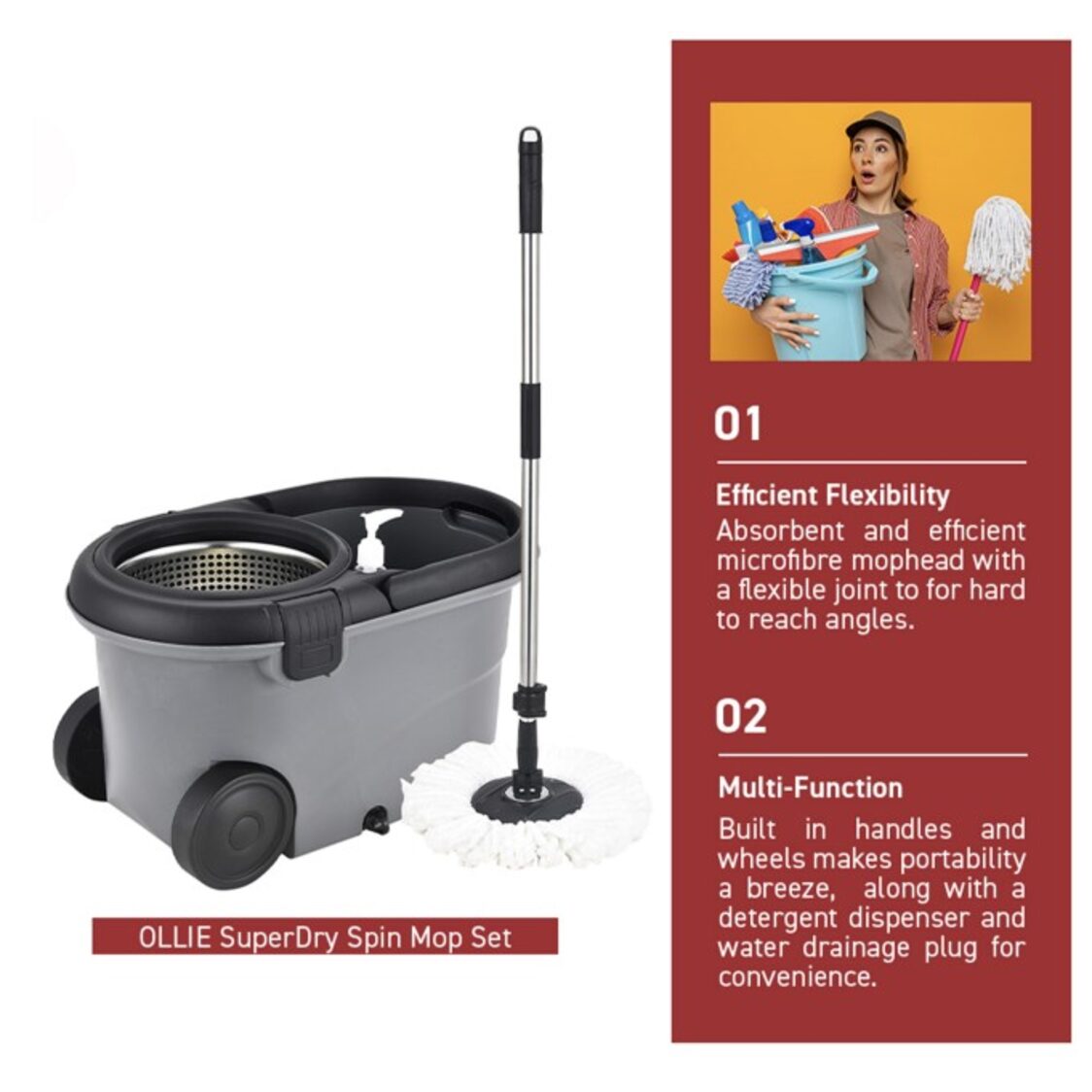 Rene Revolutionary Microfibre Spin Mop and Mop Head Set Ollie E70500/E70510