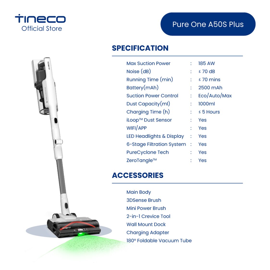 Tineco Pure One A50S Plus Cordless Stick Vacuum Cleaner - Black