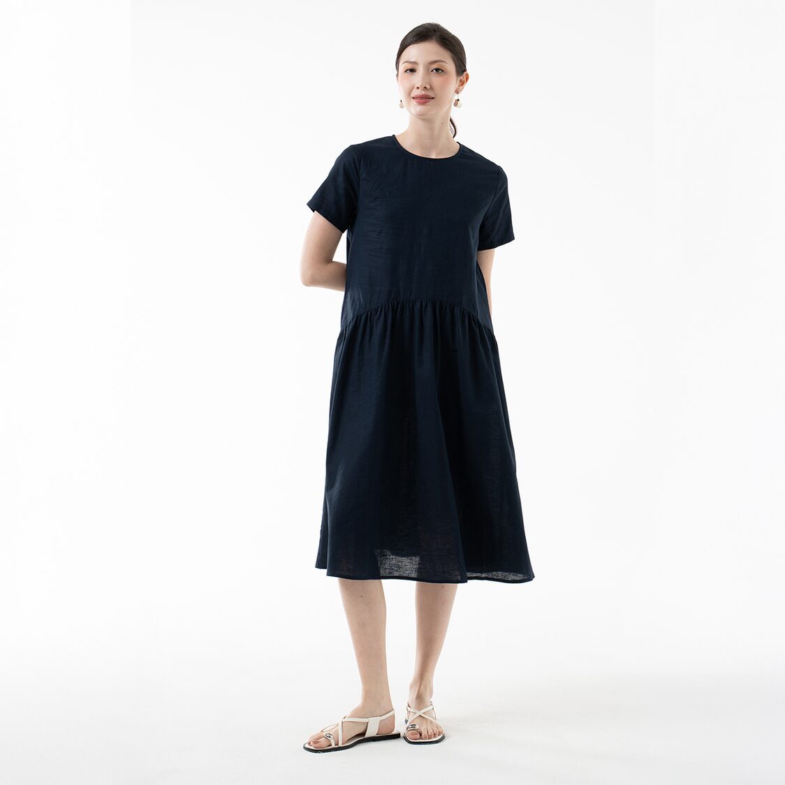K/Woods Effortless Gathered Midi Dress in Midnight Blue