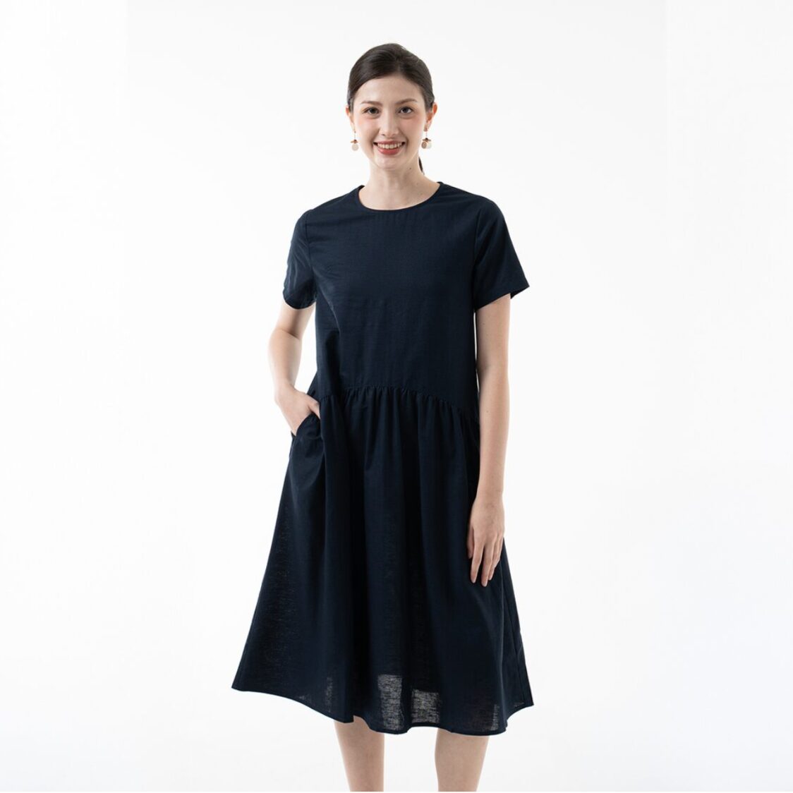 K/Woods Effortless Gathered Midi Dress in Midnight Blue