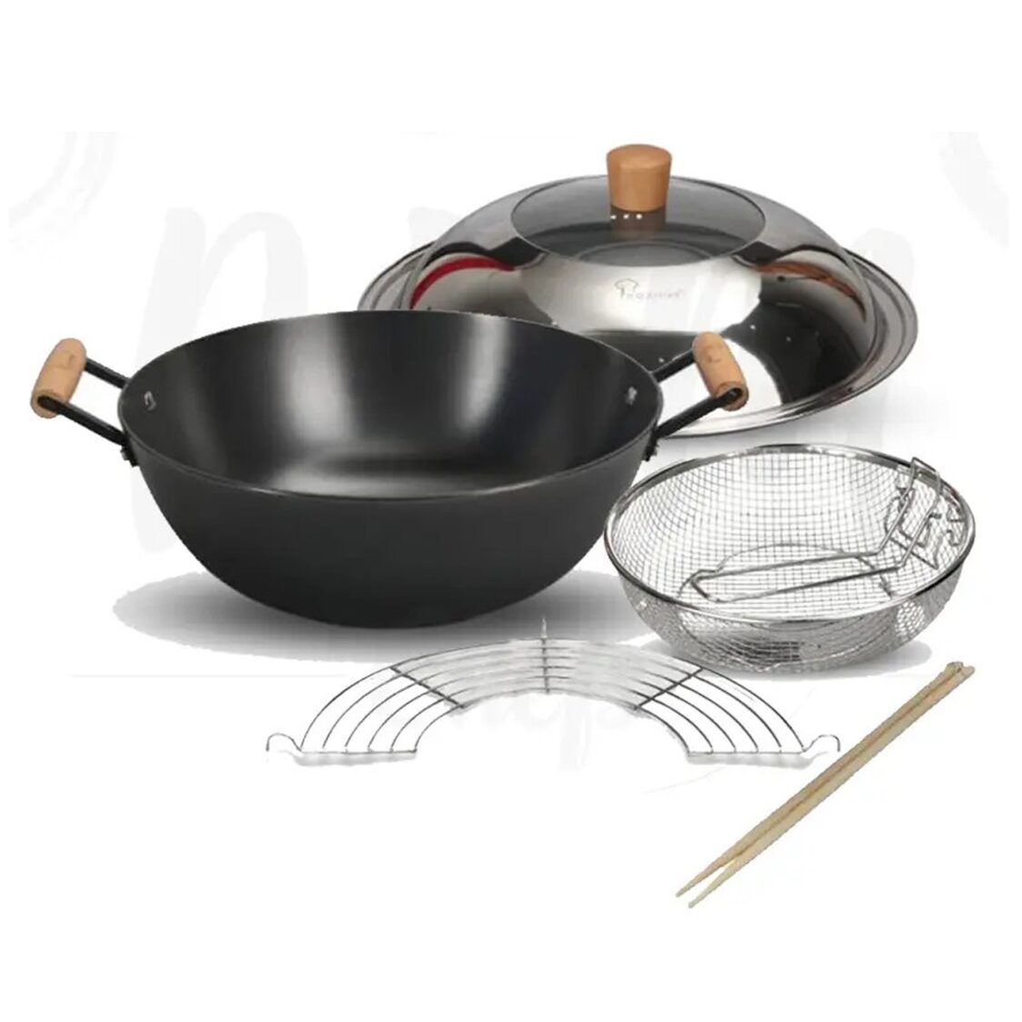 La Gourmet 34cm Nitrigan Cast-iron Wok (High Wall) - With Cover & Accessories Set