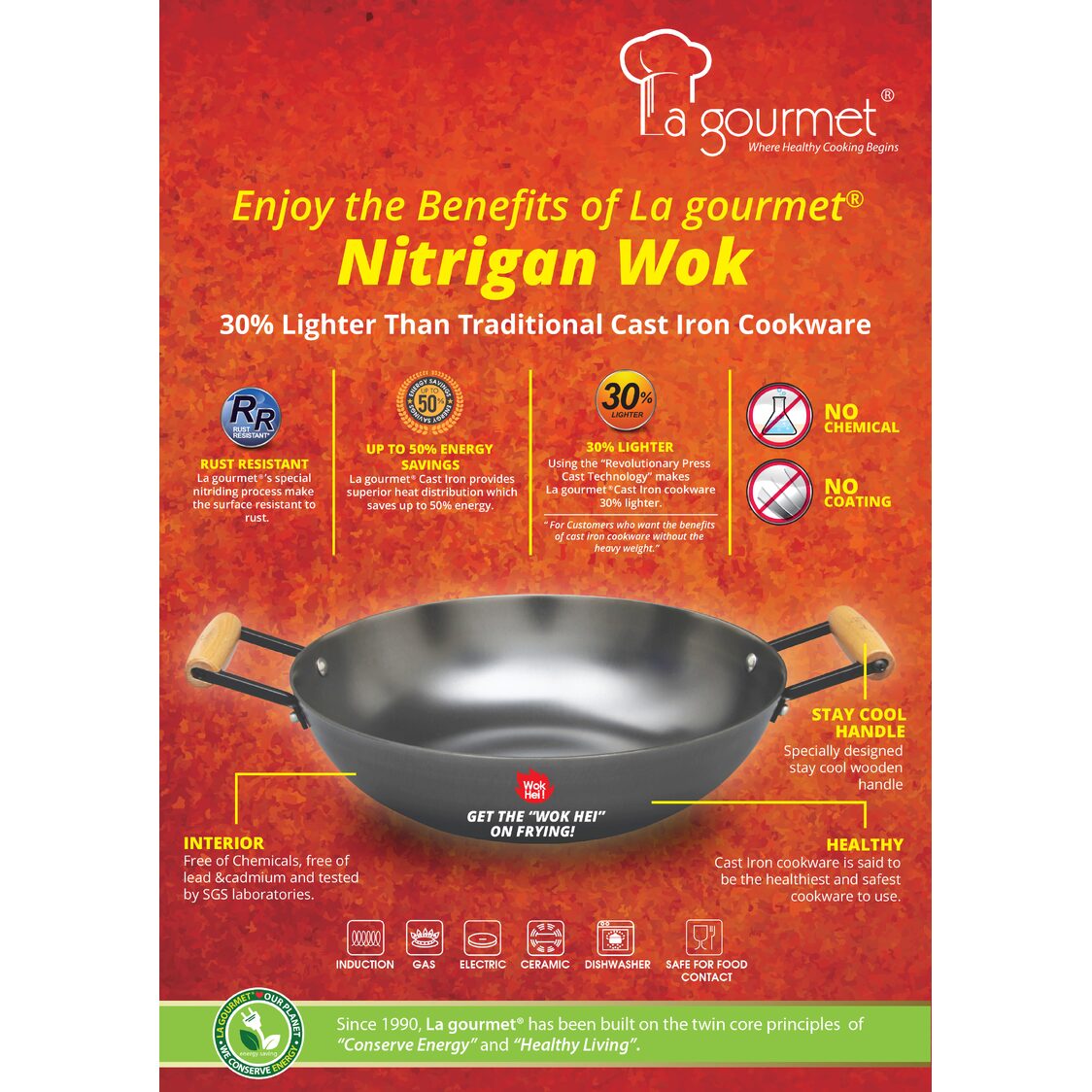 La Gourmet 34cm Nitrigan Cast-iron Wok (High Wall) - With Cover & Accessories Set