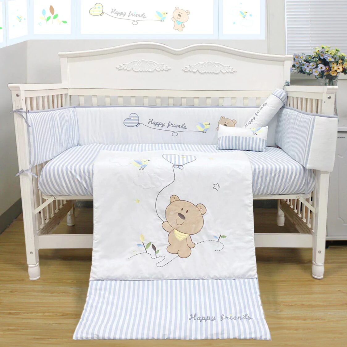 Happy Cot Bedding Set - Happy Friends (Blue) (5pcs) - Metro Singapore Departmental Store - Celebrating 69 Years in SG
