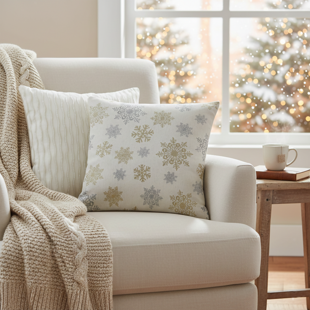 Rapee Snowflakes Cushion Cover | Double-sided Chenielle - 45 x 45 cm, Natural