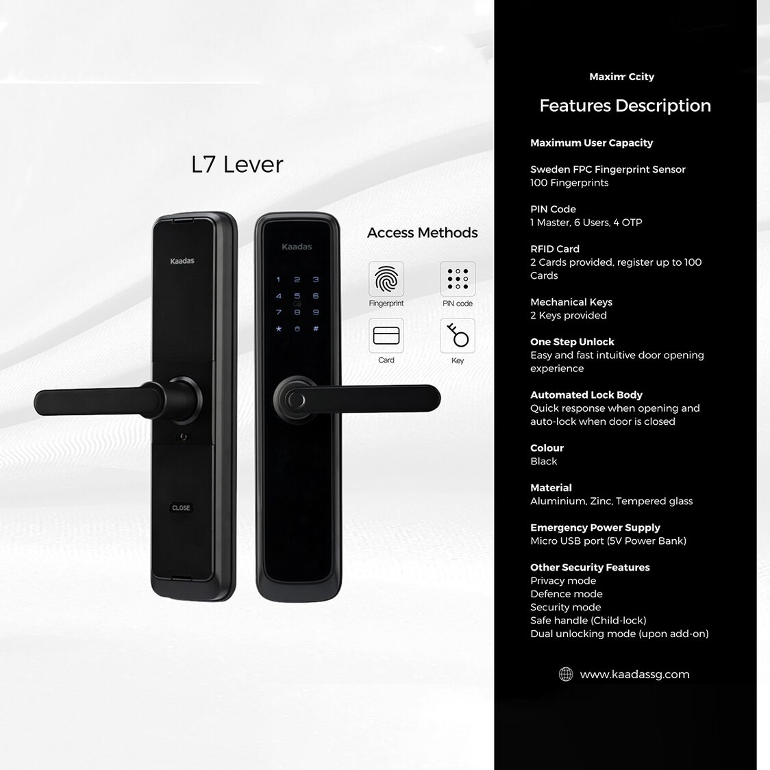 Kaadas L7 Digital Lock - Black - Metro Singapore Departmental Store - Celebrating 69 Years in SG