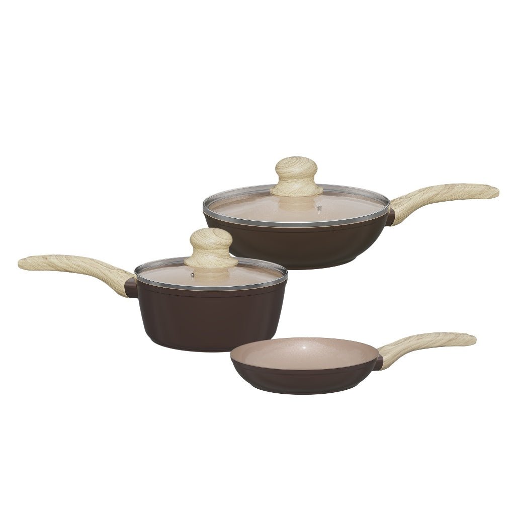 La Gourmet Shogun Mini 2 Ceramic Cooking Set Brown (16cm Frypan + 16cm Saucepan + 20cm Wok) - Metro Singapore Departmental Store - Celebrating 69 Years in SG