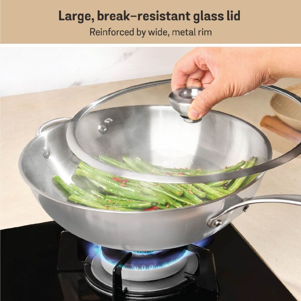 Meyer White Steel Stainless Steel 32cm Stirfry with Glass Lid and Helper Handle 71508 - Metro Singapore Departmental Store - Celebrating 69 Years in SG