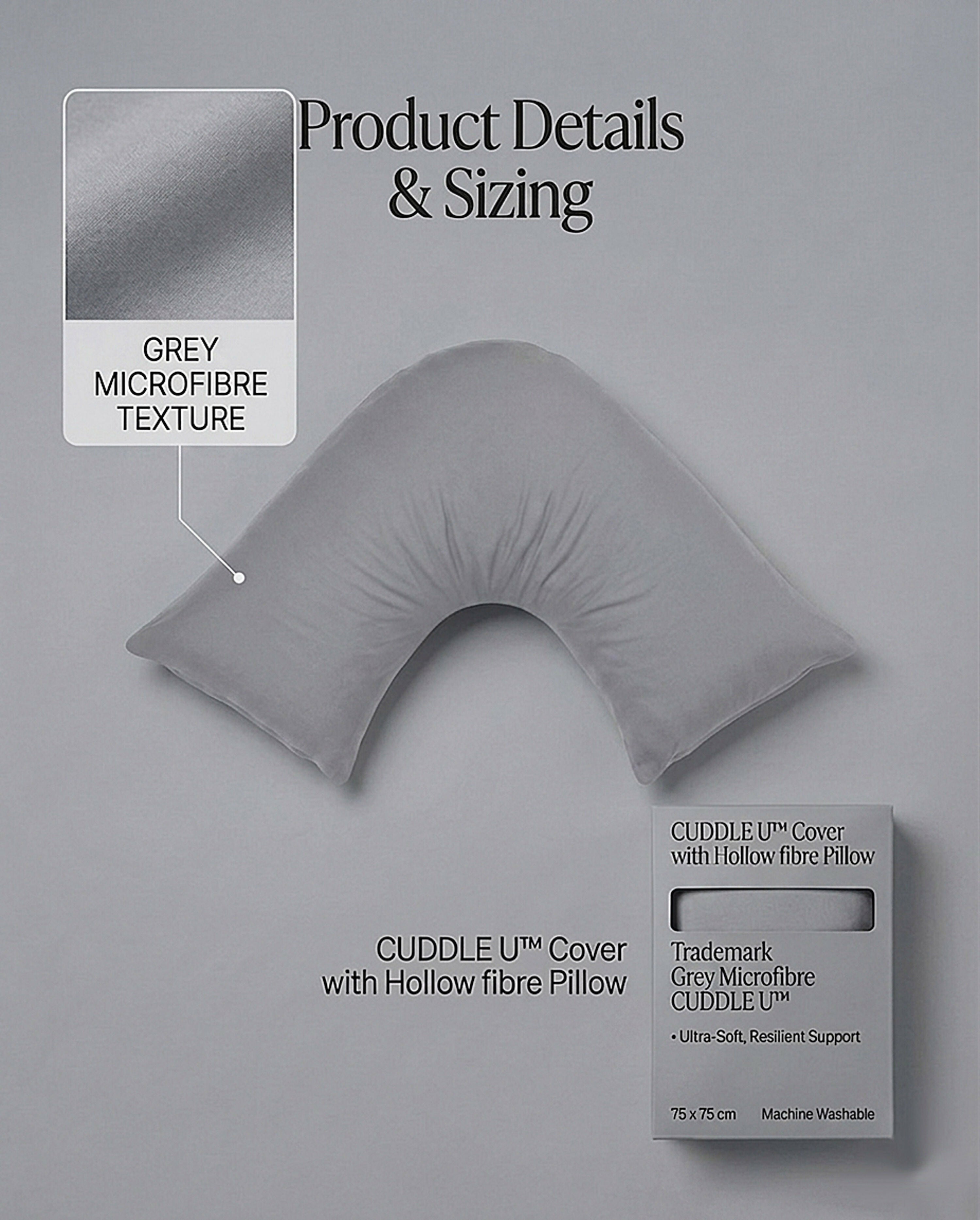 Rapee CUDDLE U™ V-Shape Pillow & Microfibre Cover Set – 75 x 75 cm – Light Grey