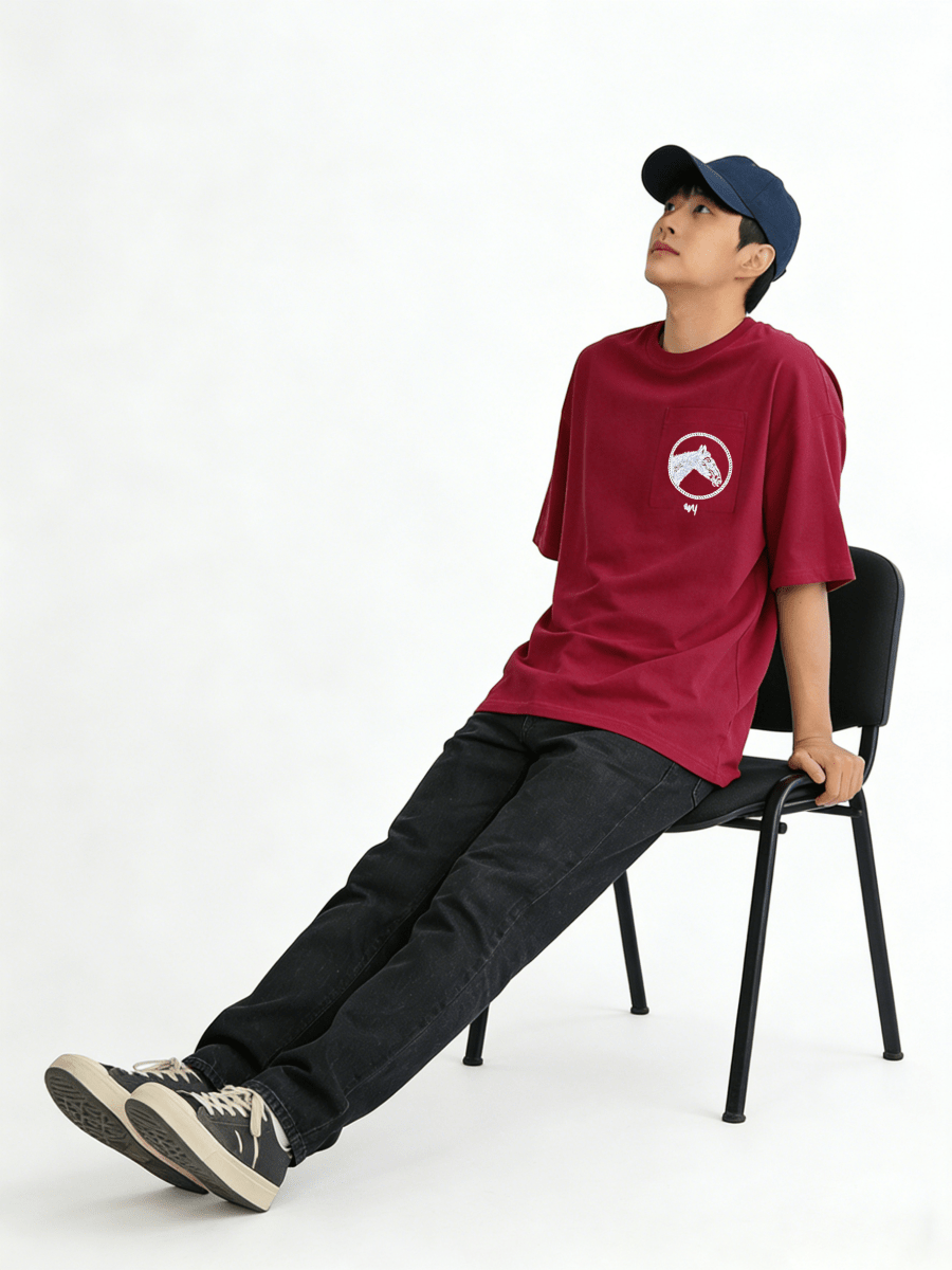 Ortem Horse Embroidery Oversized T-Shirt With Pocket - Metro Singapore Departmental Store - Celebrating 69 Years in SG
