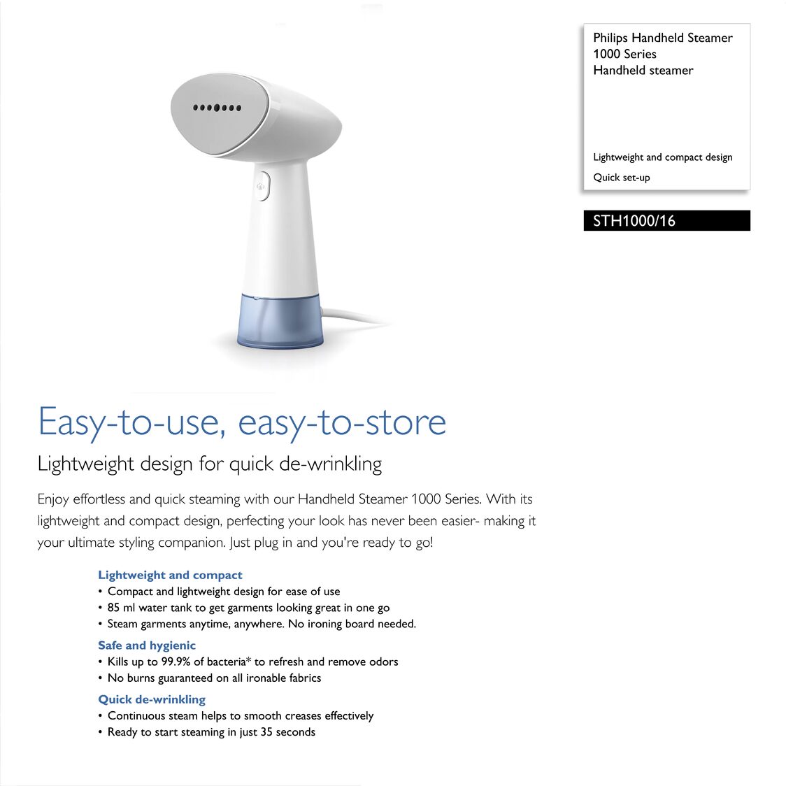 Philips 1000 Series Handheld Steamer (STH1000/16) - Metro Singapore Departmental Store - Celebrating 69 Years in SG