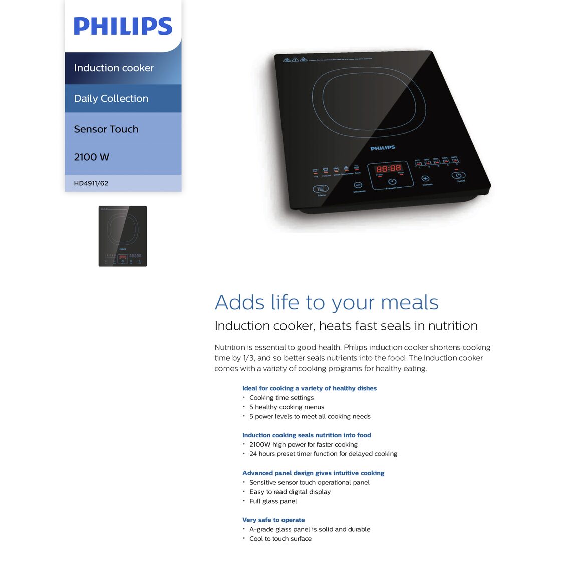 Philips Daily Collection Sensor Touch Induction Cooker 2100W (HD4911/62) - Metro Singapore Departmental Store - Celebrating 69 Years in SG