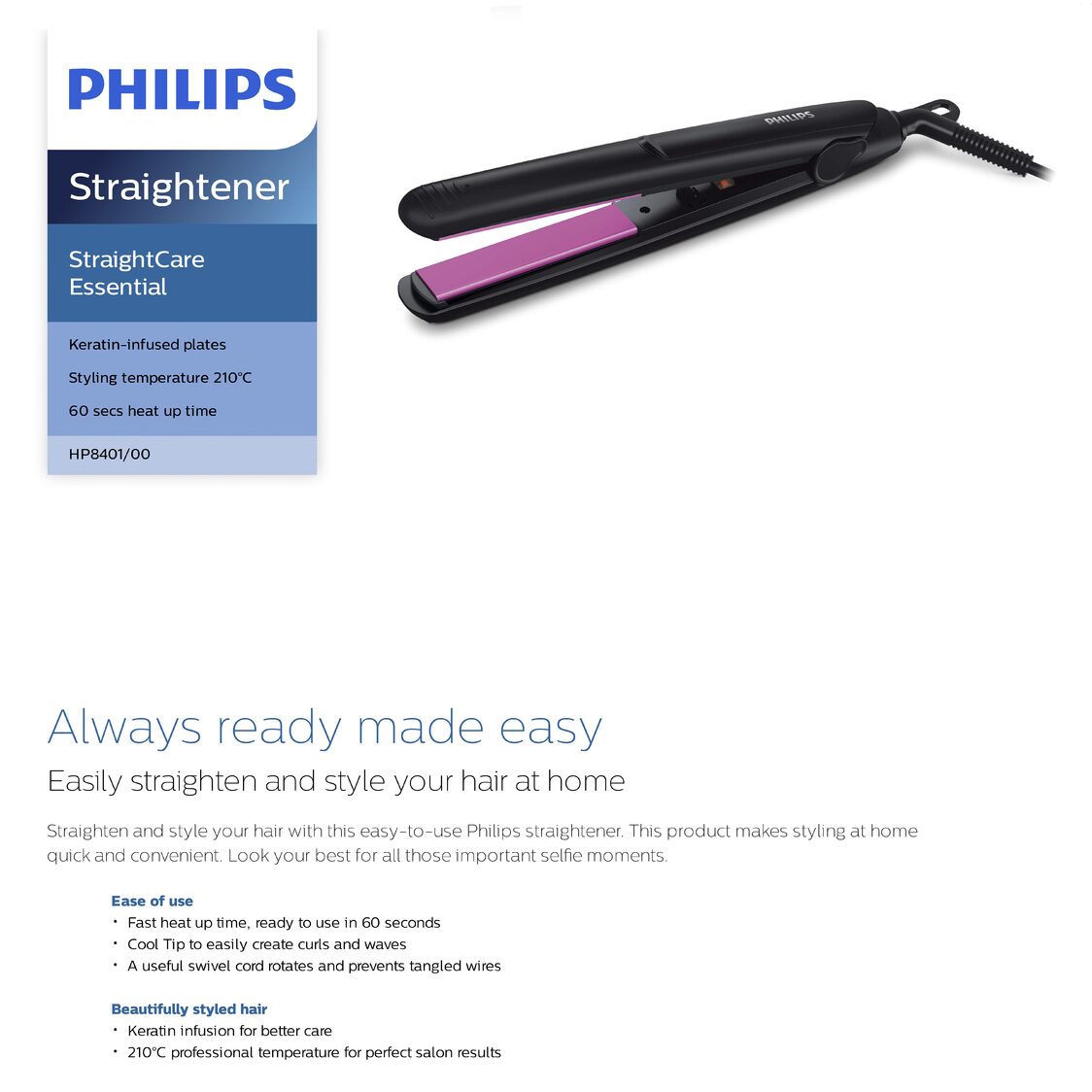 Philips StraightCare Essential Straightener 210°C (HP8401/00) - Metro Singapore Departmental Store - Celebrating 69 Years in SG