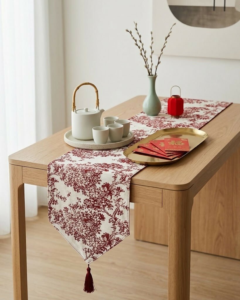 Rapee Bristol Toile-Inspired Woven Chenille Table Runner with Tassel – 33 x 180 cm – Red - Metro Singapore Departmental Store - Celebrating 69 Years in SG