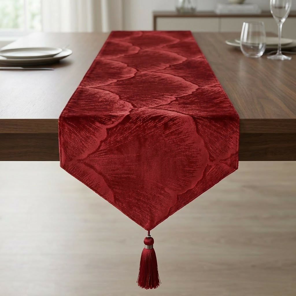 Rapee Ginko Pressed Velvet Table Runner with Tassel – 33 x 180 cm – Red - Metro Singapore Departmental Store - Celebrating 69 Years in SG