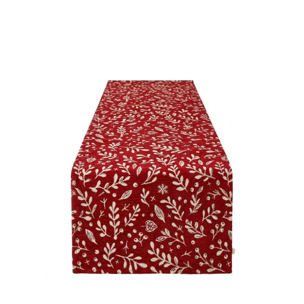 Rapee Joy Hollyberry Woven on Red Chenille Table Runner with Straight Ends – 33 x 180 cm – Red - Metro Singapore Departmental Store - Celebrating 69 Years in SG