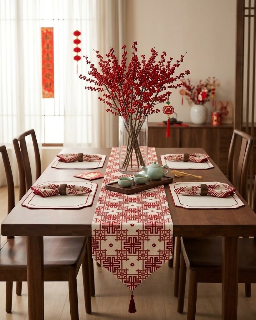 Rapee Orient Chinoiserie Woven Jacquard Table Runner with Tassel – 33 x 180 cm – Red - Metro Singapore Departmental Store - Celebrating 69 Years in SG