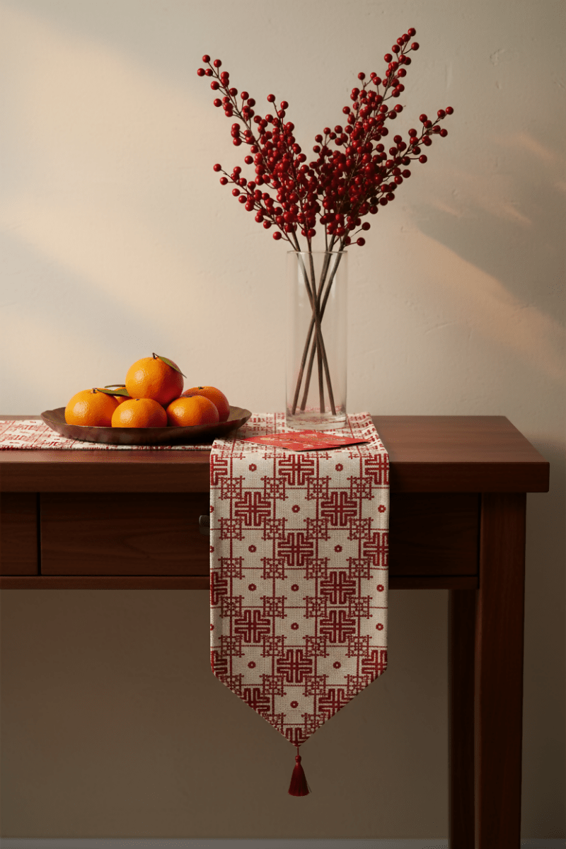 Rapee Orient Chinoiserie Woven Jacquard Table Runner with Tassel – 33 x 180 cm – Red - Metro Singapore Departmental Store - Celebrating 69 Years in SG