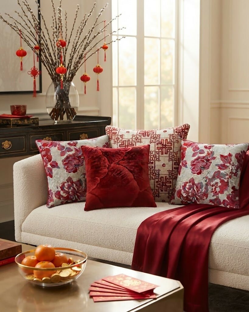 Rapee Peony Woven Jacquard Cushion Cover – 45 x 45 cm – Red - Metro Singapore Departmental Store - Celebrating 69 Years in SG